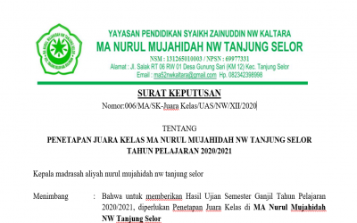 SK Penetapan Juara Kelas MA Nurul Mujahidah NW Tanjung Selor